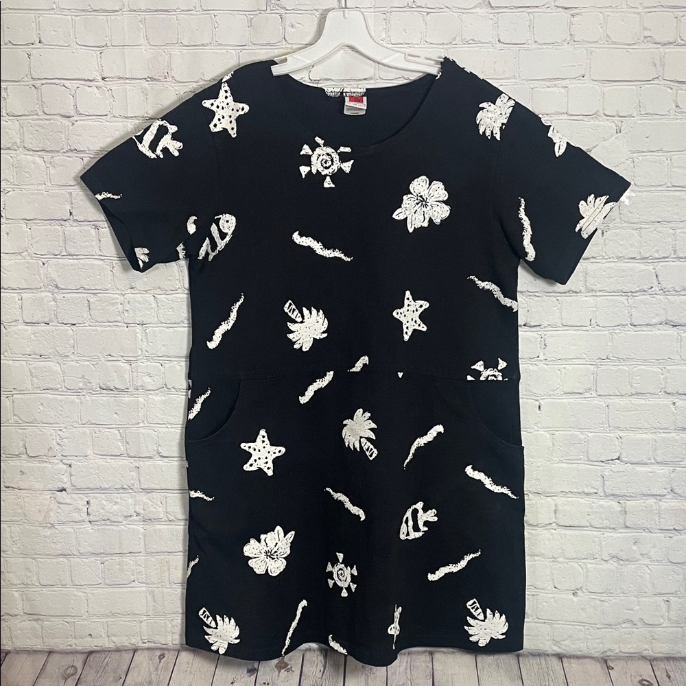Red Ginger Black Short Sleeve Tunic Dress with White Tropical Beach Prints XL